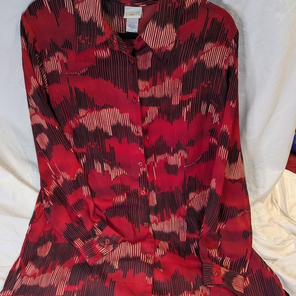 Studio C Plus 16W Abstract Long Tunic, Shirt, Blouse, Button Front Red, Black - Picture 12 of 16